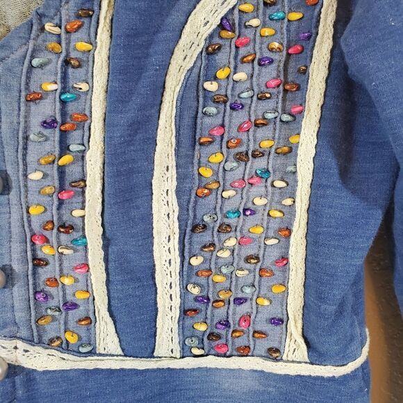 Freda Five Beaded Stretch Denim Boho Art to Wear Distressed Jacket - Picture 9 of 10